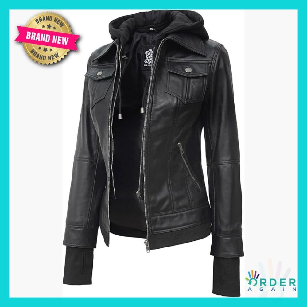 Lambskin Leather Jacket Women Fitted Hooded Bomber Style Classic Chic Outerwear